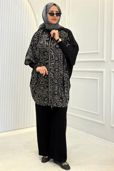 Kapüşonlu Taş İşlemeli Büyük Beden Desenli Panço Kap Siyah OTW9603