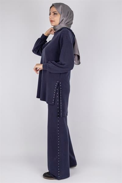 Kapüşonlu Yanları Taşlı Pantolon Takım Lacivert OTW8582