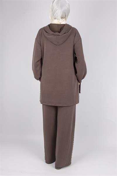 Kapüşonlu Yanları Taşlı Pantolon Takım Kahve OTW8582