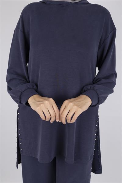 Kapüşonlu Yanları Taşlı Pantolon Takım Lacivert OTW8582