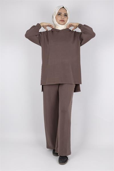 Kapüşonlu Yanları Taşlı Pantolon Takım Kahve OTW8582