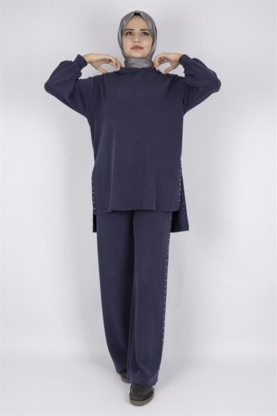 Kapüşonlu Yanları Taşlı Pantolon Takım Lacivert OTW8582