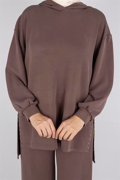 Kapüşonlu Yanları Taşlı Pantolon Takım Kahve OTW8582