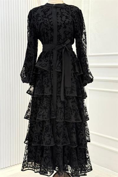 Kat Kat Fırfır Detaylı Dantel Elbise Siyah OTW92081