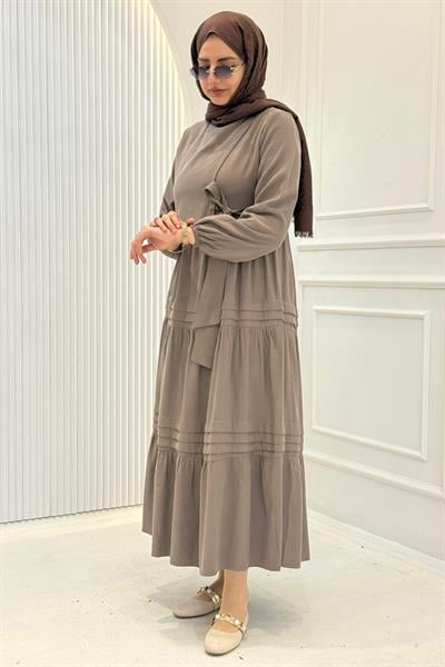Kat Kat Pileli Yan Bağlamalı Tesettür Elbise Vizon OTW5262