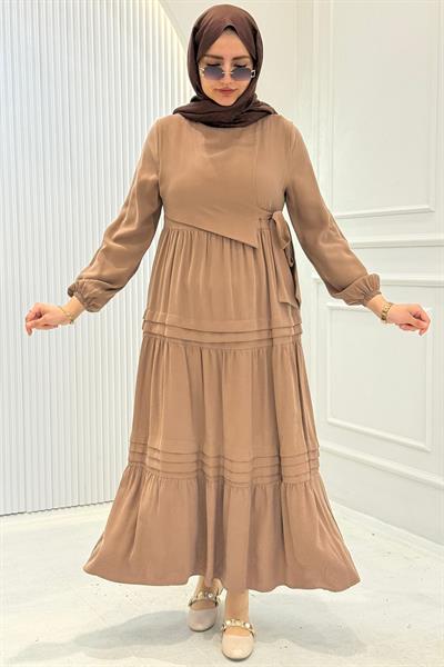 Kat Kat Pileli Yan Bağlamalı Tesettür Elbise Camel OTW5262
