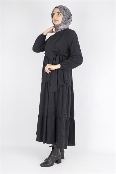 Kat Kat Pileli Yan Bağlamalı Tesettür Elbise Siyah OTW5262