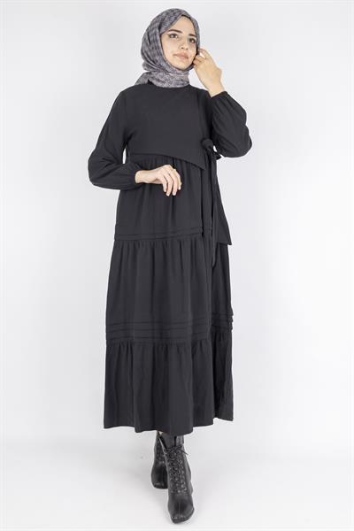 Kat Kat Pileli Yan Bağlamalı Tesettür Elbise Siyah OTW5262