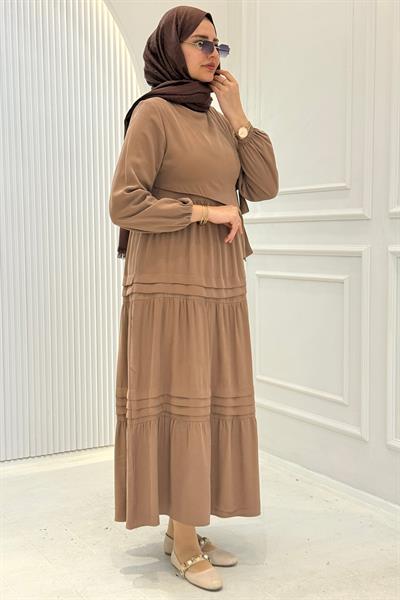 Kat Kat Pileli Yan Bağlamalı Tesettür Elbise Camel OTW5262