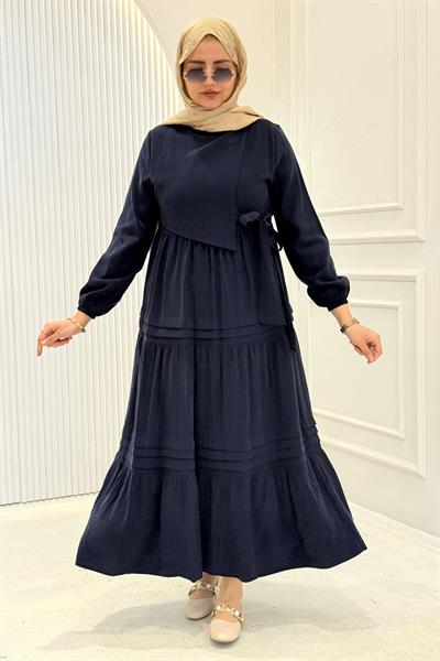 Kat Kat Pileli Yan Bağlamalı Tesettür Elbise Lacivert OTW5262