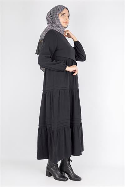 Kat Kat Pileli Yan Bağlamalı Tesettür Elbise Siyah OTW5262