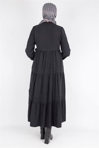 Kat Kat Pileli Yan Bağlamalı Tesettür Elbise Siyah OTW5262