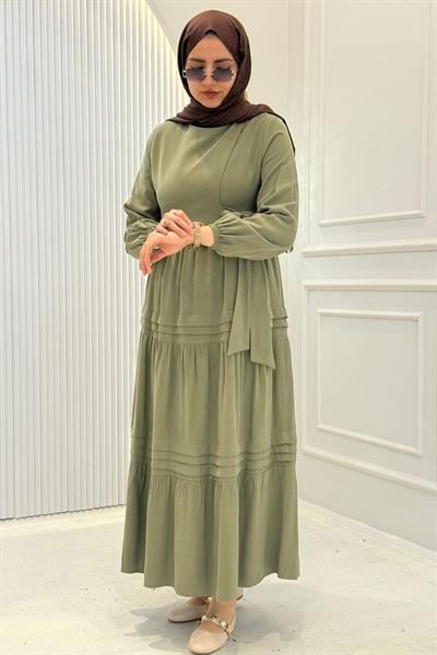 Kat Kat Pileli Yan Bağlamalı Tesettür Elbise Mint OTW5262