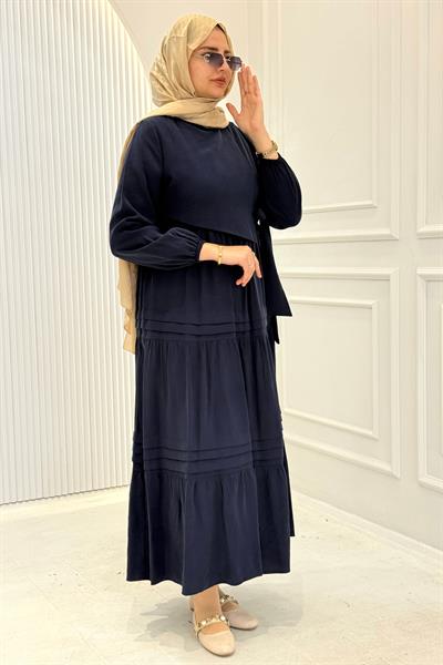Kat Kat Pileli Yan Bağlamalı Tesettür Elbise Lacivert OTW5262
