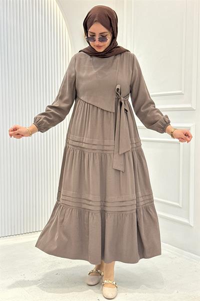 Kat Kat Pileli Yan Bağlamalı Tesettür Elbise Vizon OTW5262