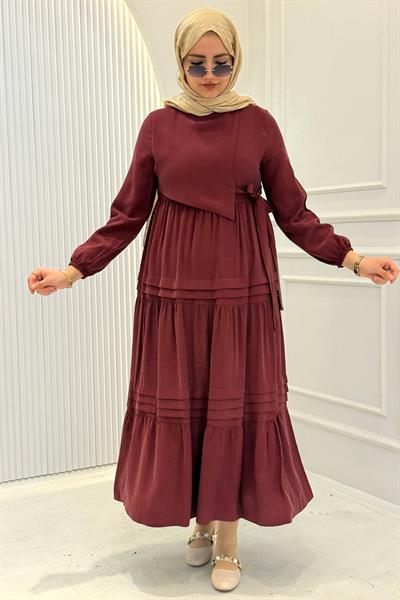 Kat Kat Pileli Yan Bağlamalı Tesettür Elbise Bordo OTW5262