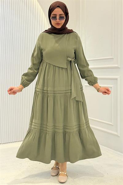 Kat Kat Pileli Yan Bağlamalı Tesettür Elbise Mint OTW5262