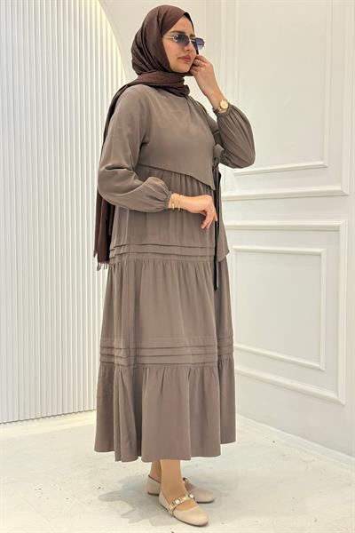 Kat Kat Pileli Yan Bağlamalı Tesettür Elbise Vizon OTW5262
