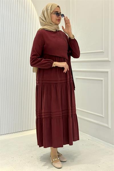 Kat Kat Pileli Yan Bağlamalı Tesettür Elbise Bordo OTW5262