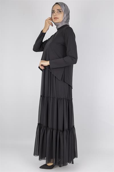 Kat Kat Volanlı İkili Tesettür Elbise Siyah OTW25164