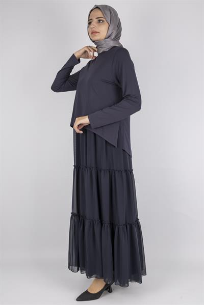 Kat Kat Volanlı İkili Tesettür Elbise Lacivert OTW25164