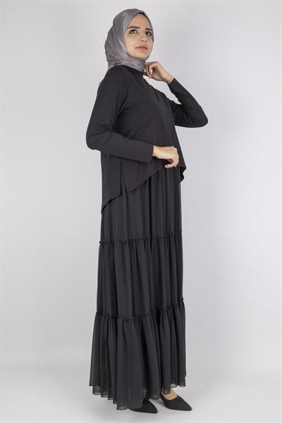 Kat Kat Volanlı İkili Tesettür Elbise Siyah OTW25164