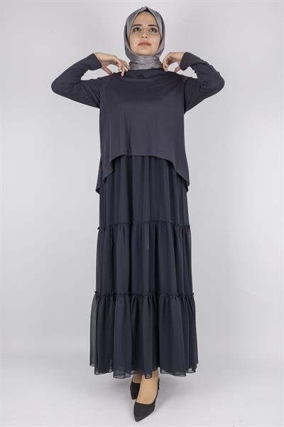 Kat Kat Volanlı İkili Tesettür Elbise Lacivert OTW25164