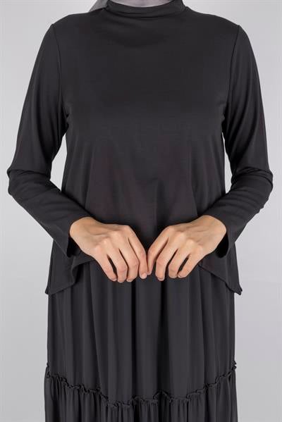 Kat Kat Volanlı İkili Tesettür Elbise Siyah OTW25164