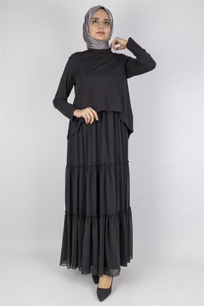 Kat Kat Volanlı İkili Tesettür Elbise Siyah OTW25164