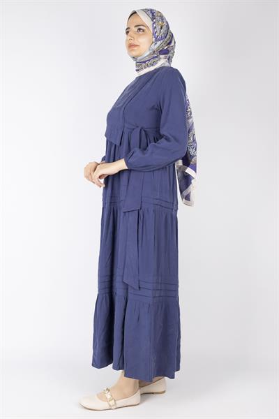 Kat Kat Volanlı Kuşaklı Tesettür Elbise Lacivert OTW5238