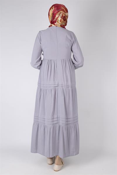 Kat Kat Volanlı Kuşaklı Tesettür Elbise Gri OTW5238