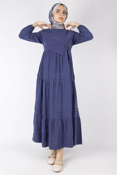 Kat Kat Volanlı Kuşaklı Tesettür Elbise Lacivert OTW5238