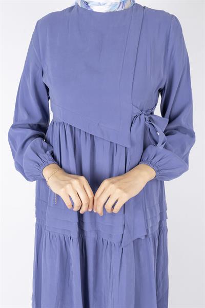 Kat Kat Volanlı Kuşaklı Tesettür Elbise İndigo OTW5238