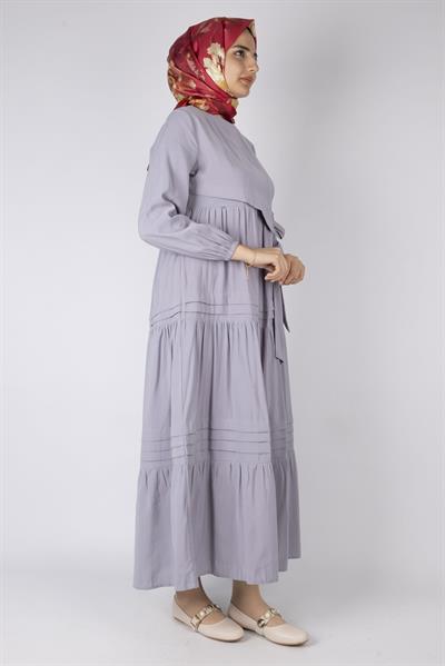 Kat Kat Volanlı Kuşaklı Tesettür Elbise Gri OTW5238