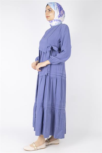 Kat Kat Volanlı Kuşaklı Tesettür Elbise İndigo OTW5238