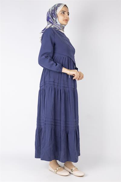 Kat Kat Volanlı Kuşaklı Tesettür Elbise Lacivert OTW5238