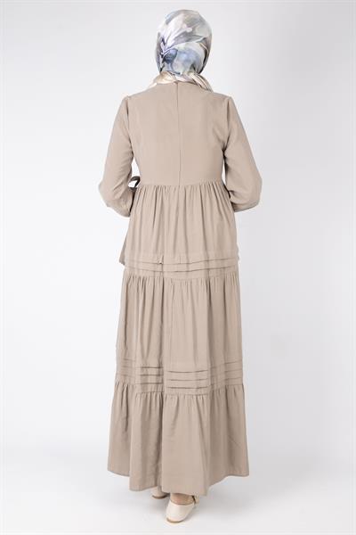 Kat Kat Volanlı Kuşaklı Tesettür Elbise Taş OTW5238