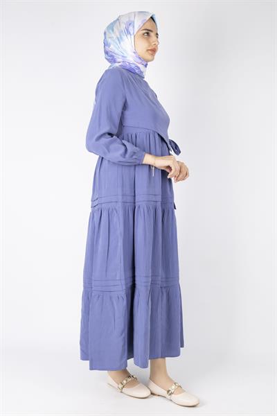 Kat Kat Volanlı Kuşaklı Tesettür Elbise İndigo OTW5238
