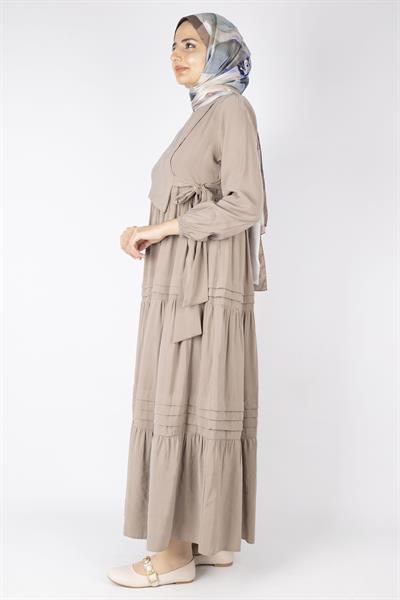 Kat Kat Volanlı Kuşaklı Tesettür Elbise Taş OTW5238