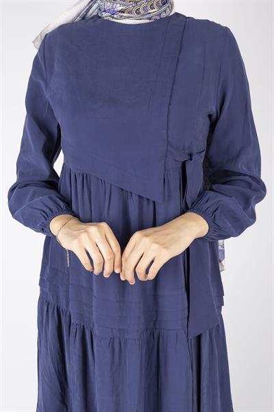 Kat Kat Volanlı Kuşaklı Tesettür Elbise Lacivert OTW5238