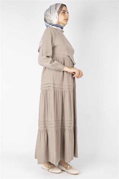 Kat Kat Volanlı Kuşaklı Tesettür Elbise Taş OTW5238