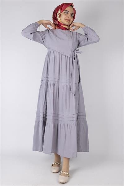 Kat Kat Volanlı Kuşaklı Tesettür Elbise Gri OTW5238