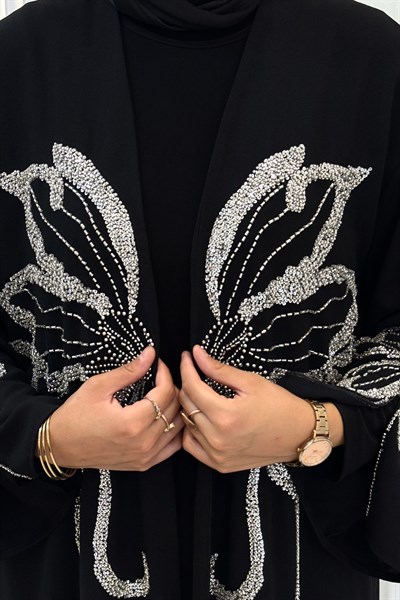 Kelebek Taş İşlemeli Tesettür Abaya Siyah OTW9792