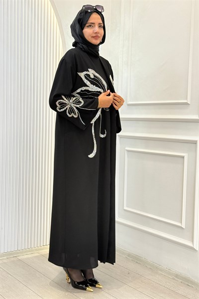 Kelebek Taş İşlemeli Tesettür Abaya Siyah OTW9792