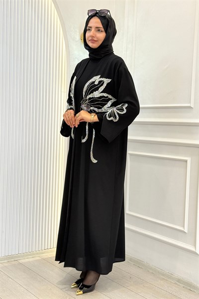 Kelebek Taş İşlemeli Tesettür Abaya Siyah OTW9792