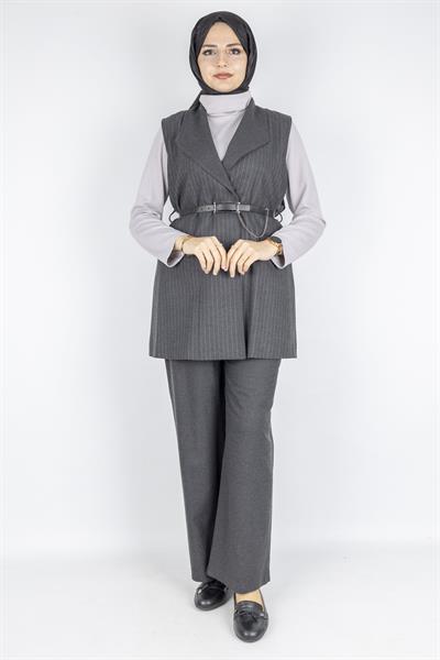 Kemer Detaylı Çizgili Üçlü Takım Füme OTW2750