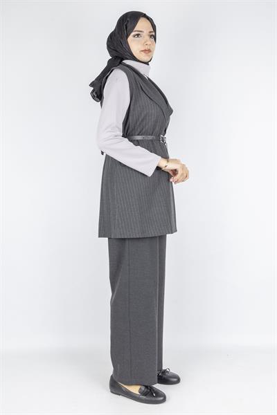 Kemer Detaylı Çizgili Üçlü Takım Füme OTW2750
