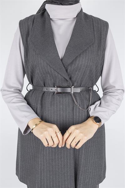 Kemer Detaylı Çizgili Üçlü Takım Füme OTW2750