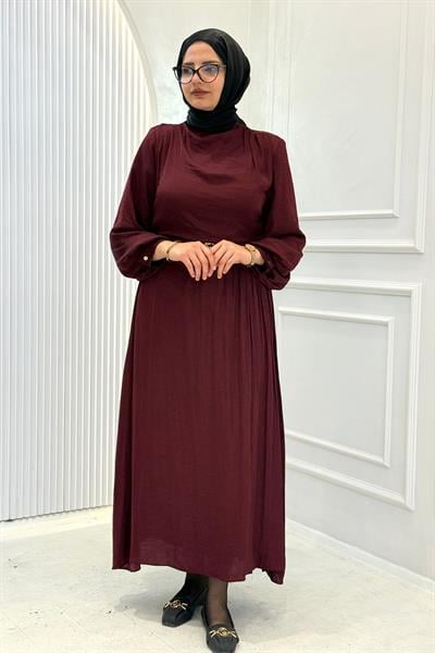 Kemer Detaylı Pamuk Viskon Elbise Bordo OTW7243