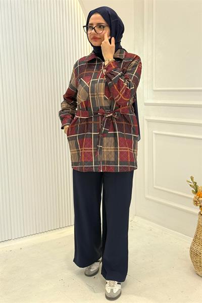Kemerli Ekose Ceket Bordo OTW9289